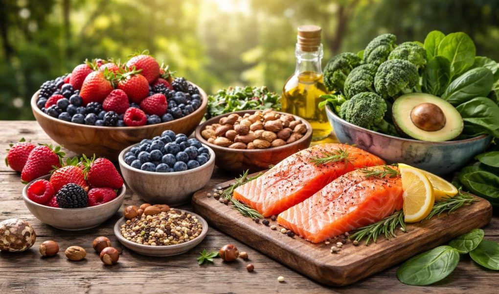 table-aliments-frais-noix-legumes-soleil