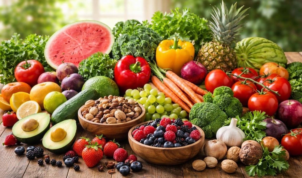 fruits-legumes-noix-table-bois