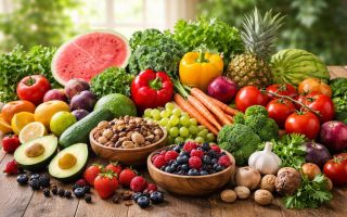 fruits-legumes-noix-table-bois