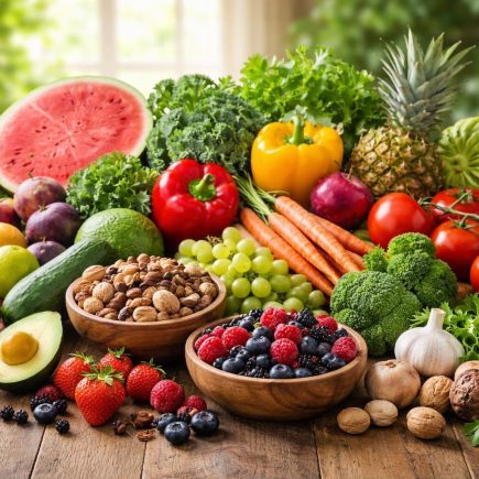fruits-legumes-noix-table-bois