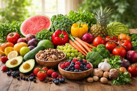 fruits-legumes-noix-table-bois