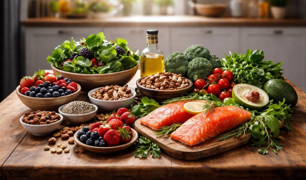 table-bois-plats-nutritifs-cuisine-floue