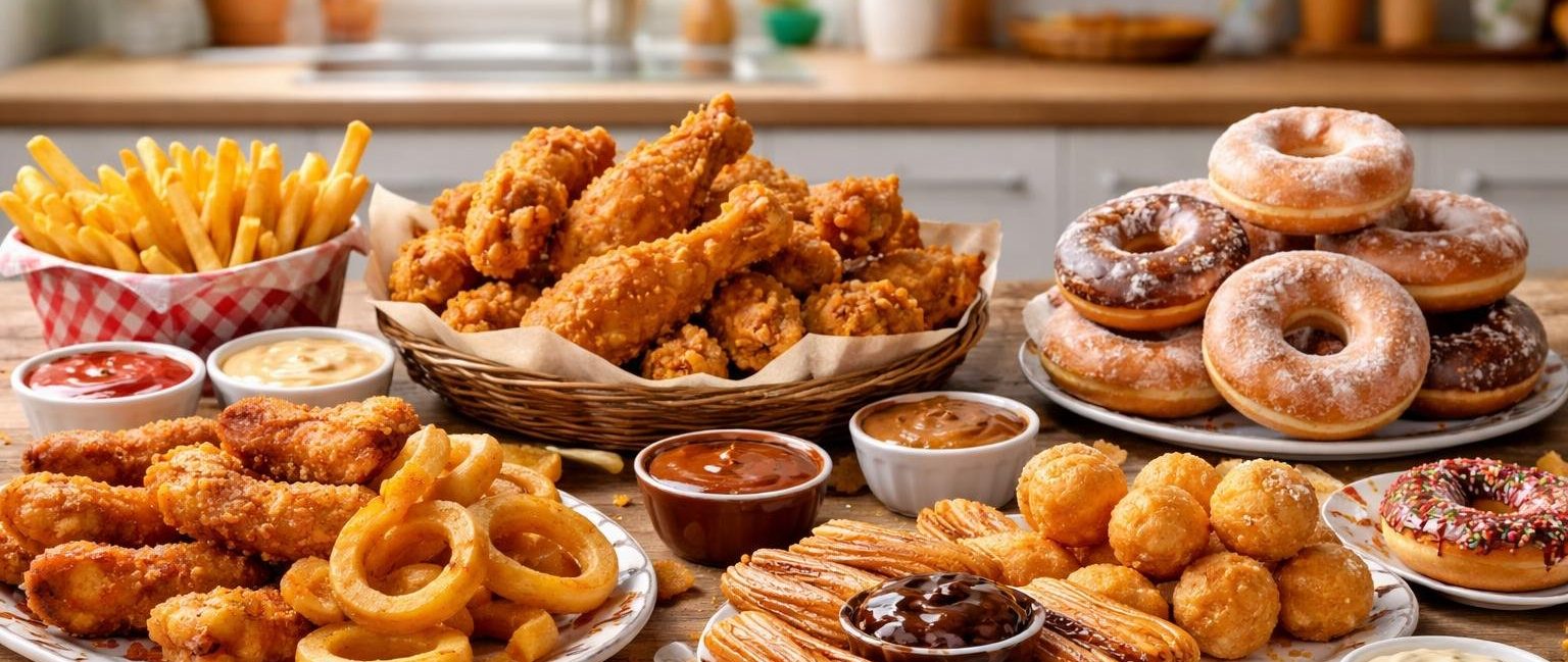 table-aliments-frits-sucres-cuisine-moderne