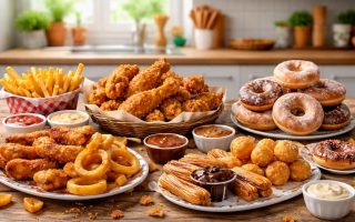table-aliments-frits-sucres-cuisine-moderne