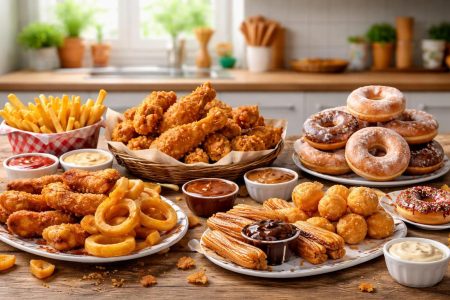 table-aliments-frits-sucres-cuisine-moderne