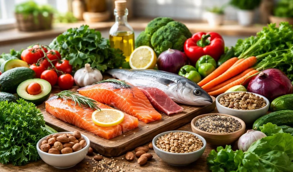 legumes-poissons-noix-table-bois