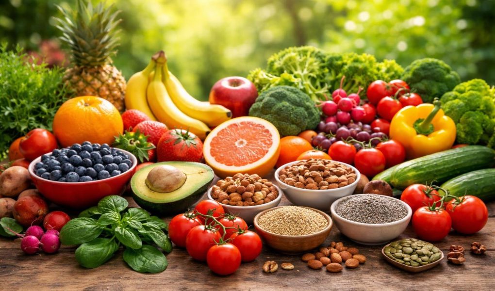 fruits-legumes-noix-graines-table-bois