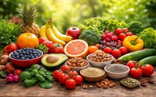 fruits-legumes-noix-graines-table-bois
