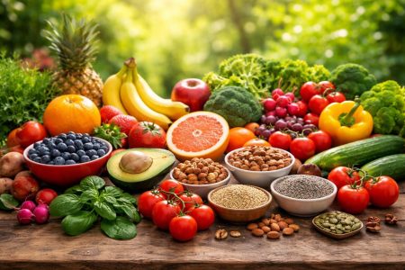 fruits-legumes-noix-graines-table-bois