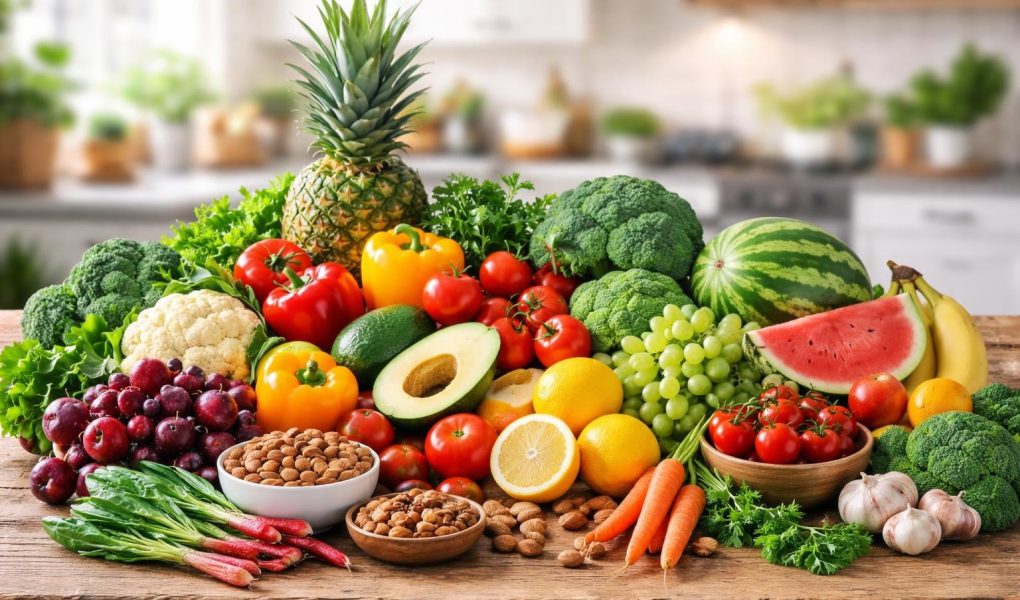 fruits-legumes-noix-table-bois