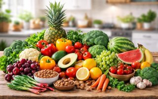 fruits-legumes-noix-table-bois