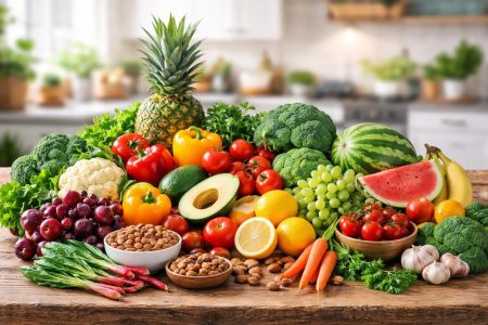fruits-legumes-noix-table-bois