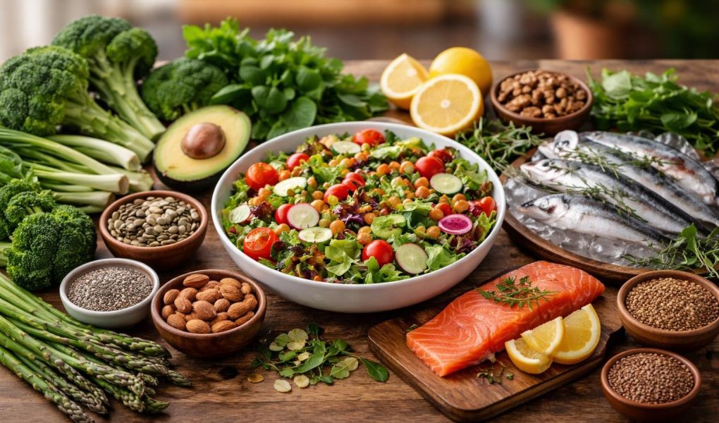 table-bois-aliments-sains-salade
