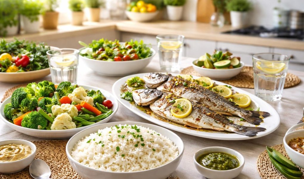 table-plats-vegetables-riz-poisson-grille