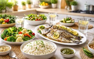 table-plats-vegetables-riz-poisson-grille
