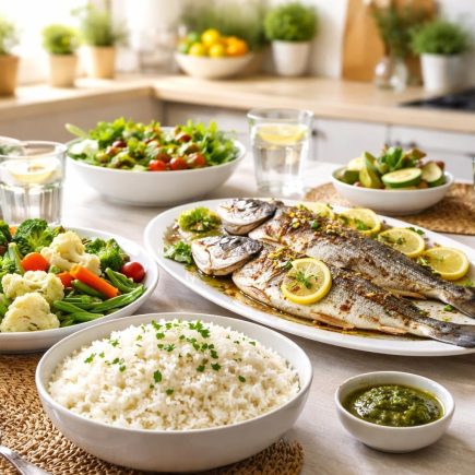 table-plats-vegetables-riz-poisson-grille