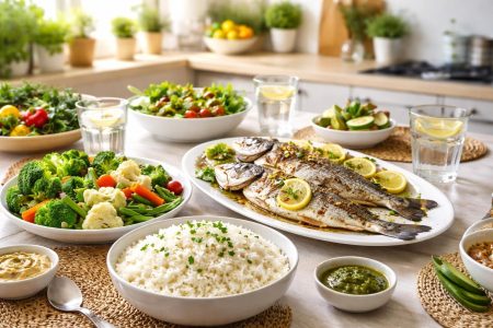 table-plats-vegetables-riz-poisson-grille