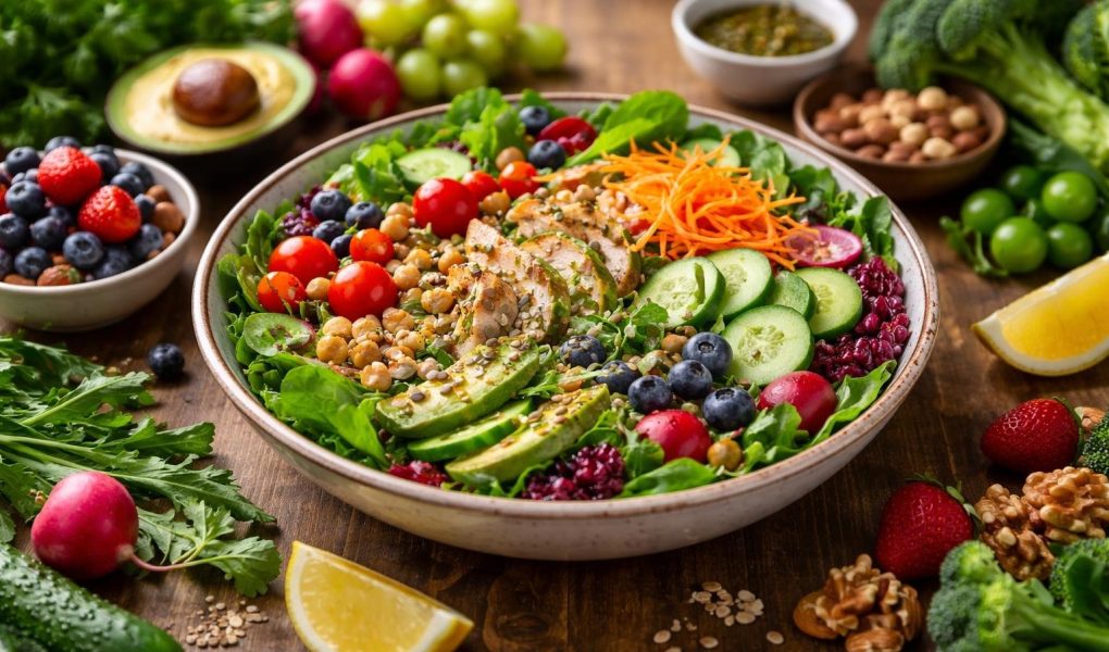 table-bois-salade-legumes-fruits
