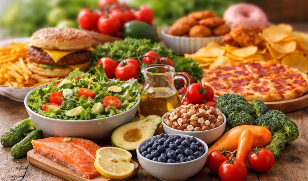 aliments-varies-table-bois-lumiere-naturelle