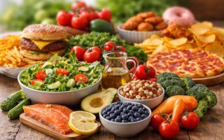 aliments-varies-table-bois-lumiere-naturelle
